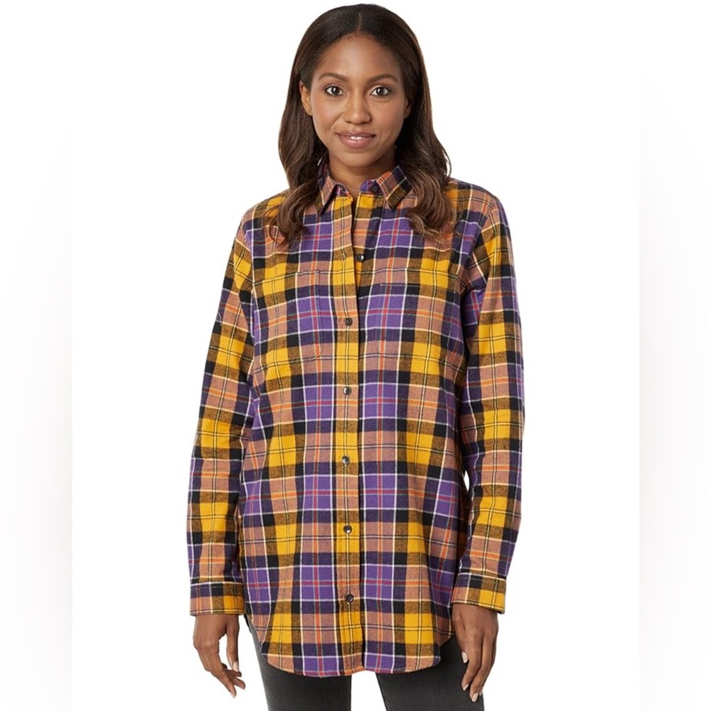 LL Bean Women's Flannel Plaid Long Shirt Sm purple Gold Plaid Button Barn Chore